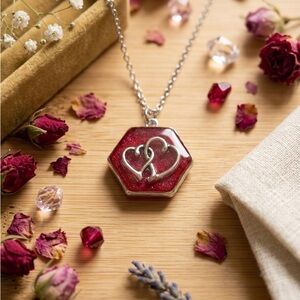 Silver Double Heart Hexagon Necklace in Red Glitter